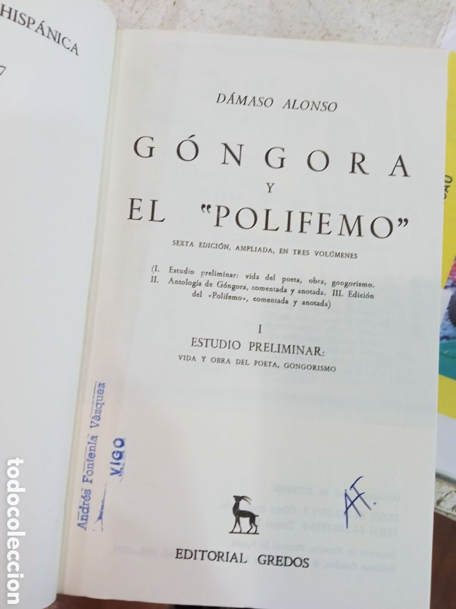 Libros de segunda mano: D&Aacute;MASO ALONSO. G&Oacute;NGORA Y EL POLIFEMO. 3 TOMOS. - Foto 3