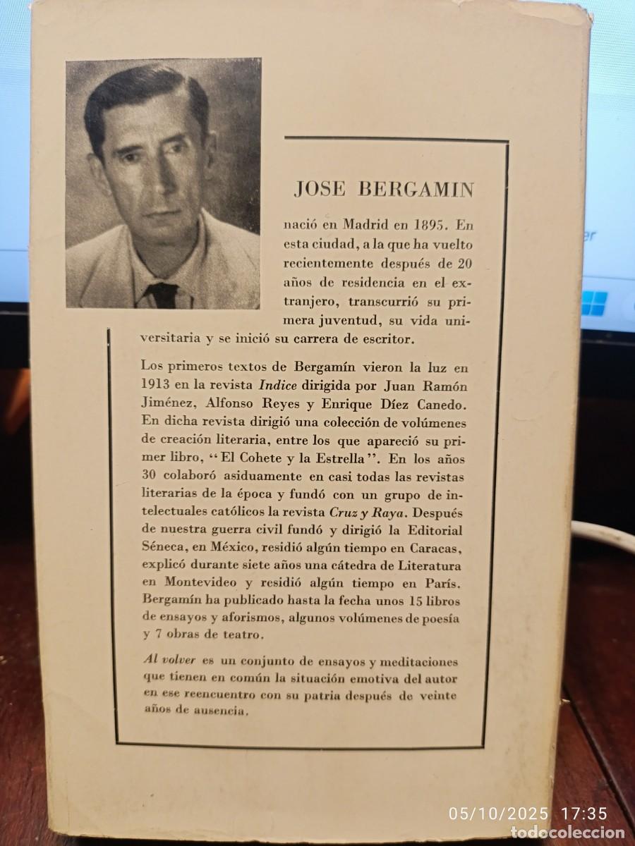 Libros de segunda mano: Al volver. Jos&eacute; Bergamin - Foto 2