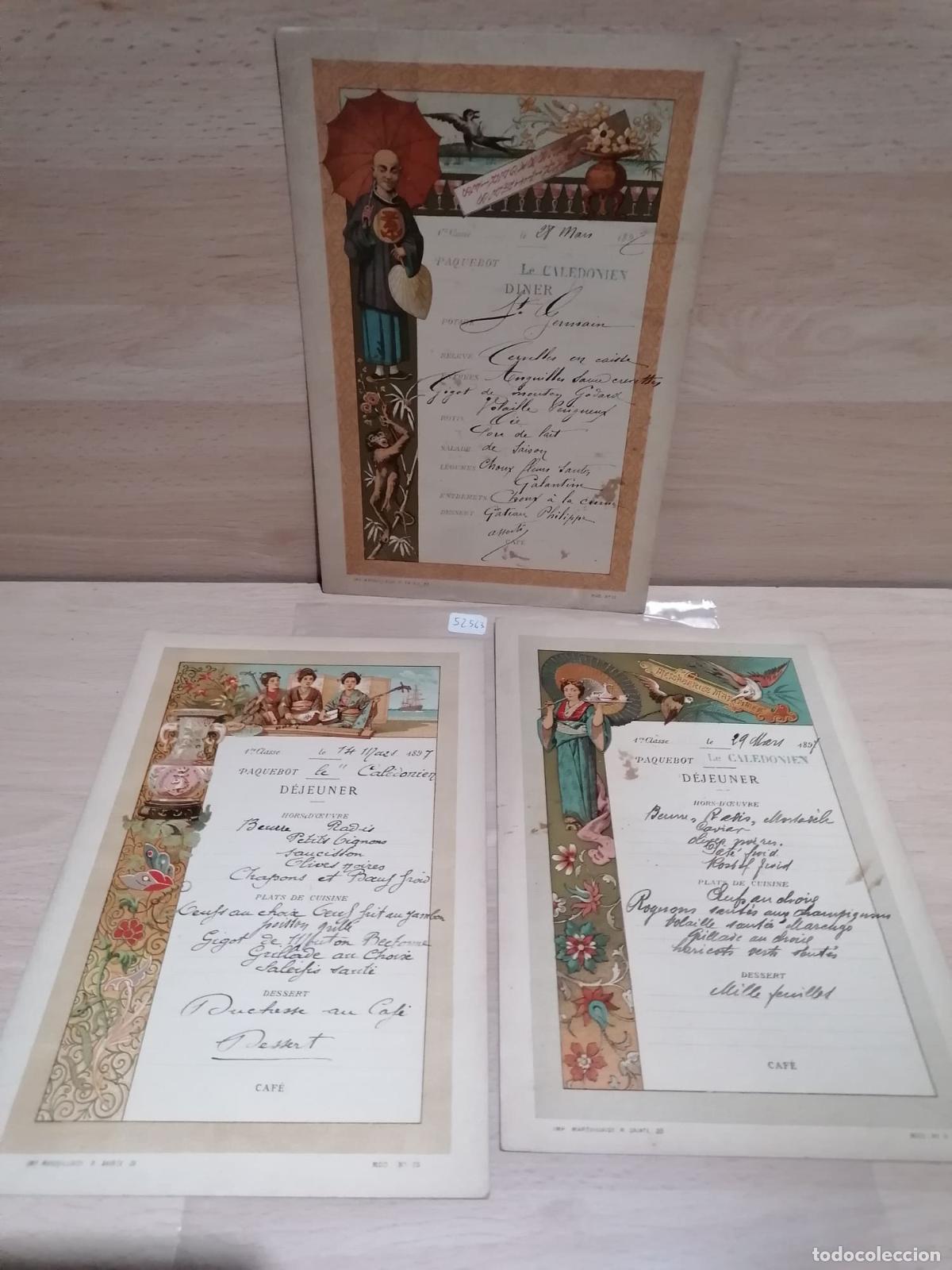 Libros de segunda mano: s.a. - CONJUNTO DE TRES TARJETAS MENU RESTAURANTE MARITIMO. PREMIERE CLASSE. A&Ntilde;O 1897.