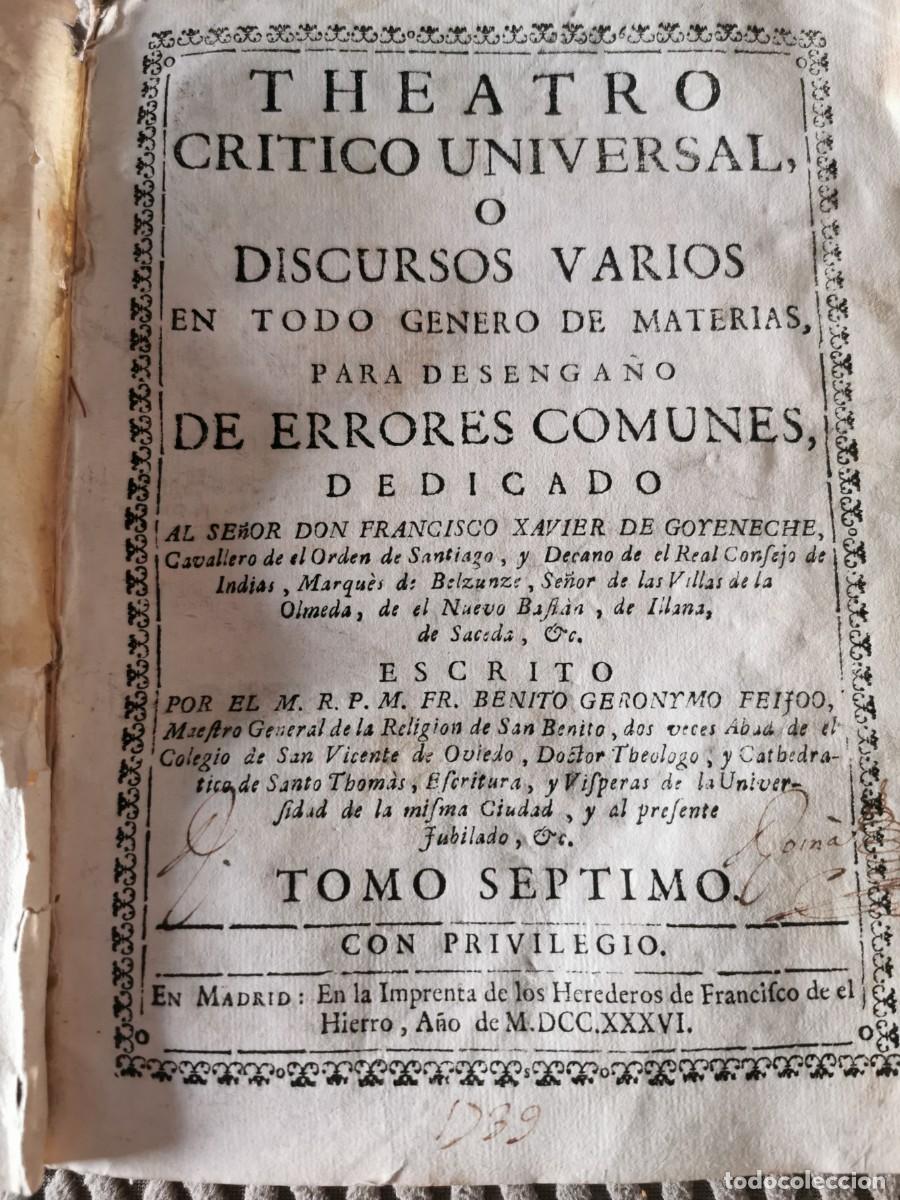 Libros de segunda mano: LIBRO DE 1736 TEATRO CR&Iacute;TICO UNIVERSAL - Foto 1