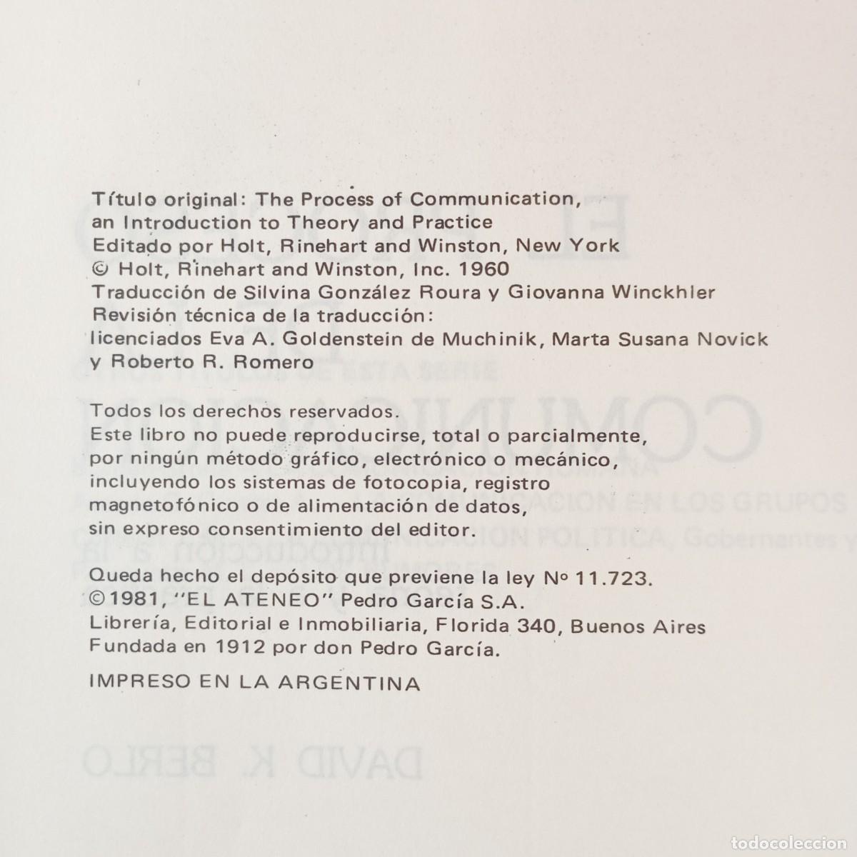 Libros de segunda mano: EL PROCESO DE LA COMUNICACI&Oacute;N - DAVID K. BERLO - &rdquo;EL ATENEO&rdquo; EDITORIAL - 1981 / 13973 - Foto 4