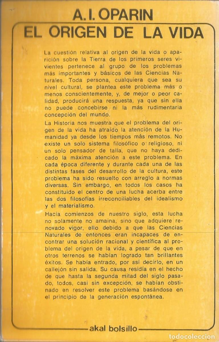 Libros de segunda mano: A.I. OPARIN. EL ORIGEN DE LA VIDA. AKAL - Foto 2