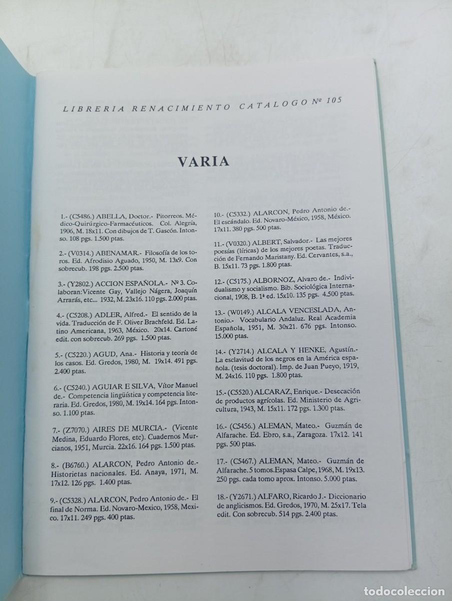 Libros de segunda mano: CATALOGO. LIBRERIA RENACIMIENTO. VARIA. N&ordm; 105. - Foto 2