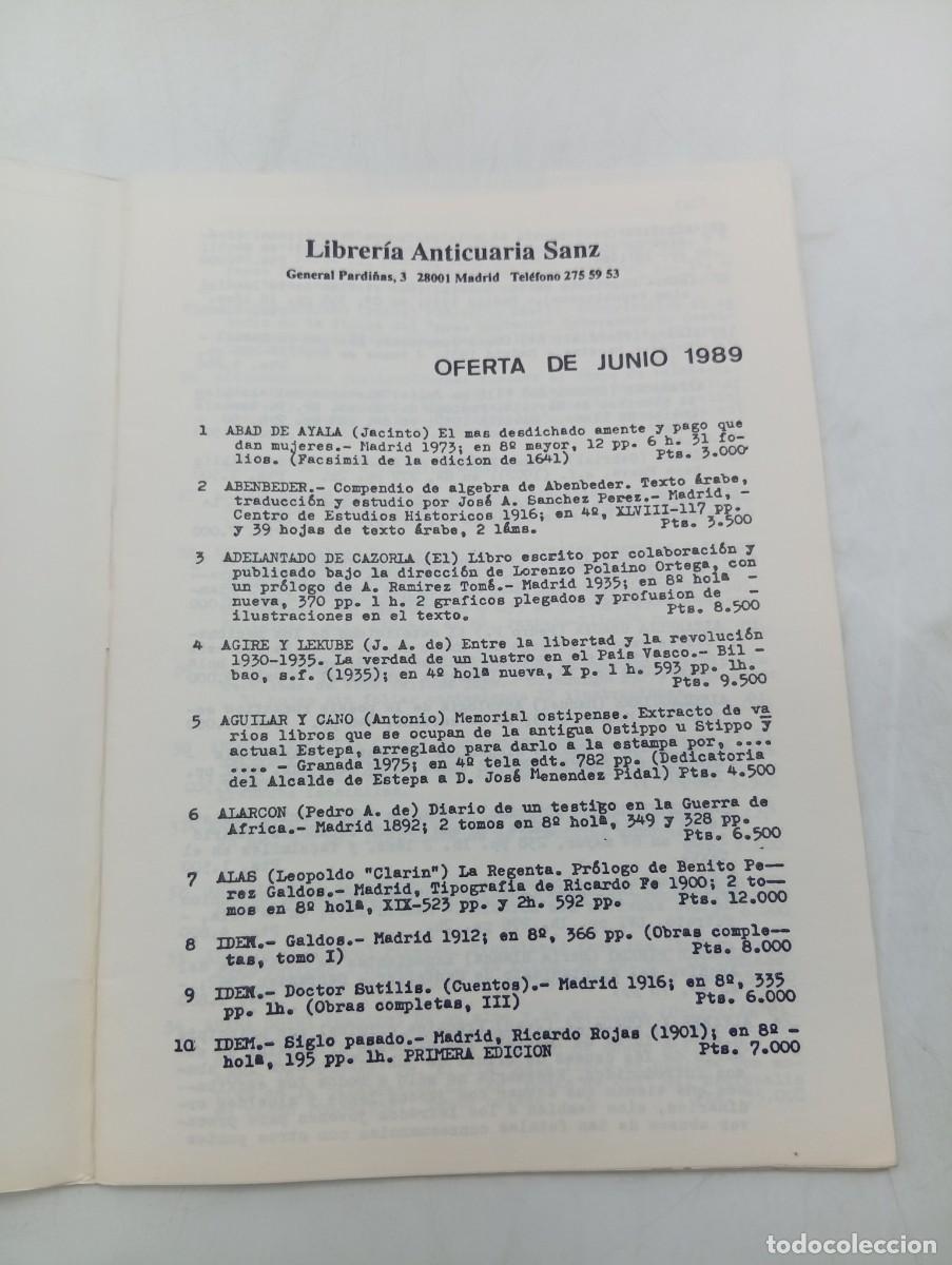 Libros de segunda mano: CATALOGO. LIBRERIA ANTICUARIA SANZ. JUNIO. 1989. PAGS : 36. - Foto 2
