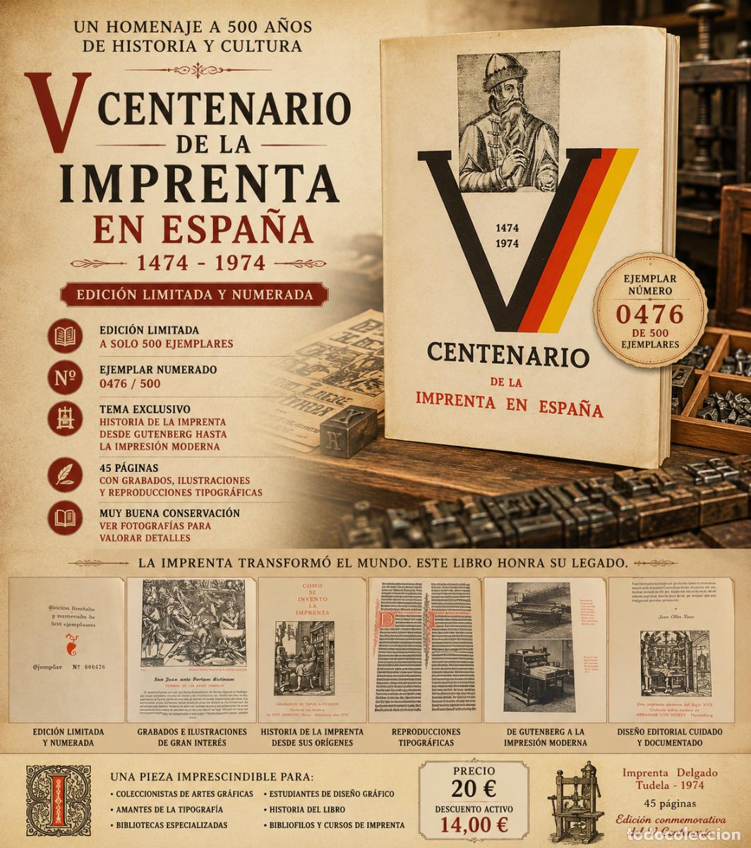 Libri di seconda mano: V CENTENARIO DE LA IMPRENTA EN ESPA&Ntilde;A 1474-1974 / NUMERADO 0476/500 / ED. LIMITADA