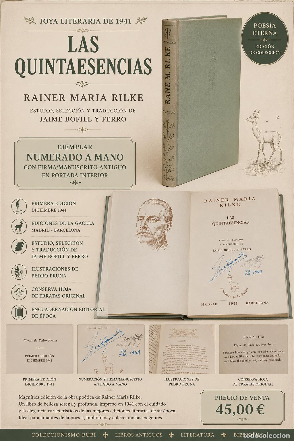Libros de segunda mano: EJEMPLAR NUMERADO A MANO !! LAS QUINTAESENCIAS / RAINER MARIA RILKE / 1&ordf; EDICI&Oacute;N 1941