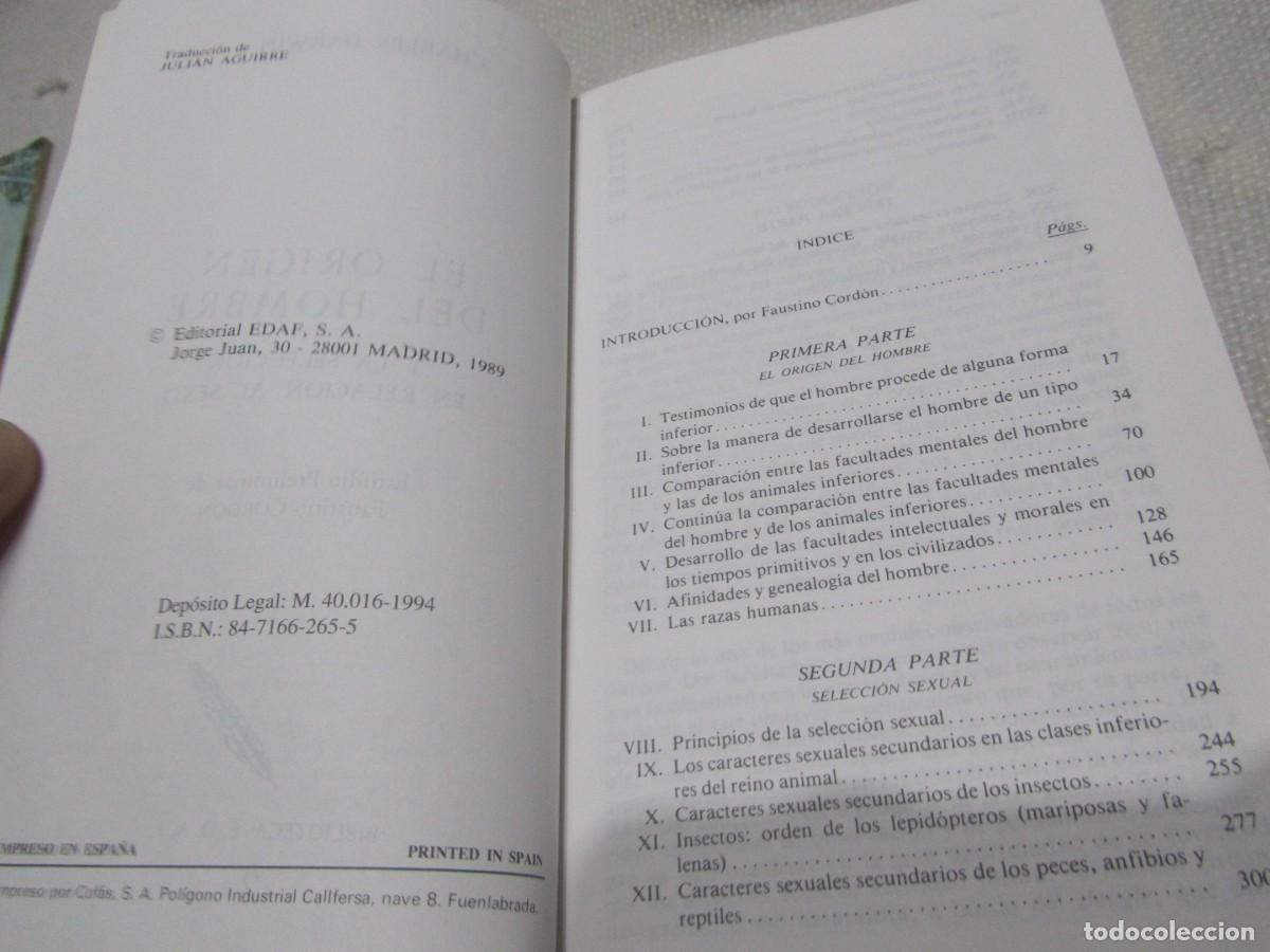 Libros de segunda mano: EL ORIGEN DEL HOMBRE, CHARLES DARWIN, EDITORIAL EDAF, 1989 - Foto 5