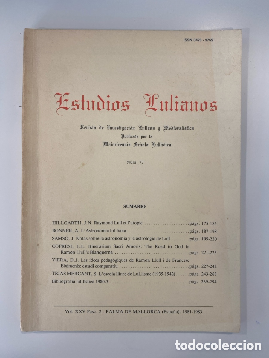 Libros de segunda mano: Estudios Lulianos - N&uacute;mero 73 (Volumen XXV, Fasc&iacute;culo 1)