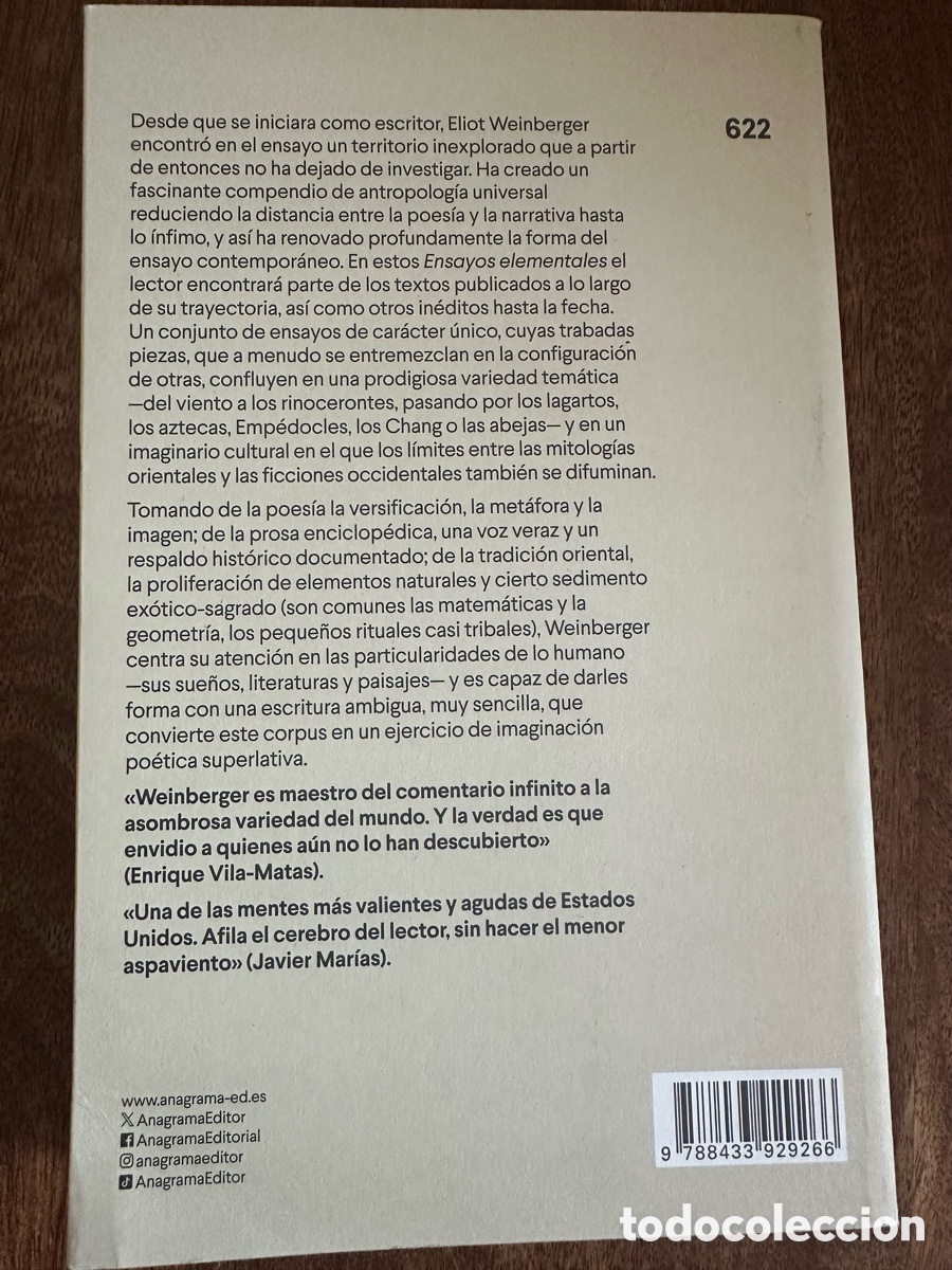 Libros de segunda mano: Ensayos elementales Eliot Weinberger Anagrama - Foto 3