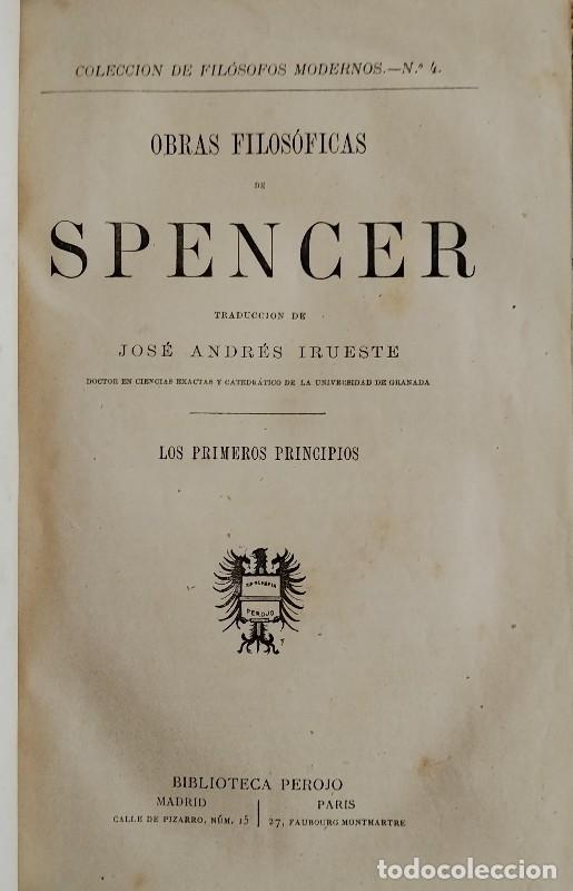 Libros de segunda mano: Obras filos&oacute;ficas de Spencer: Los primeros principios - Spencer - Bibl. Perojo - 1879