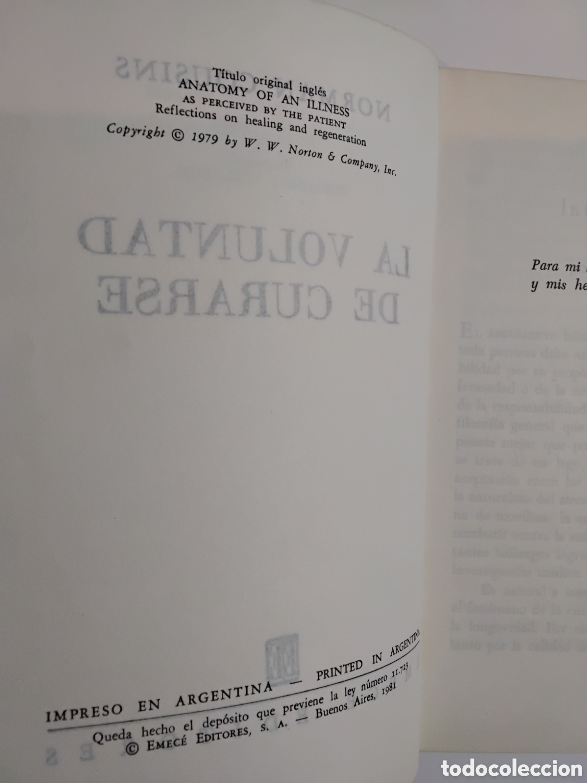 Libros de segunda mano: Norman Cousins &ndash; La voluntad de curarse &ndash; Emec&eacute; Editores &ndash; 1981 - Foto 4