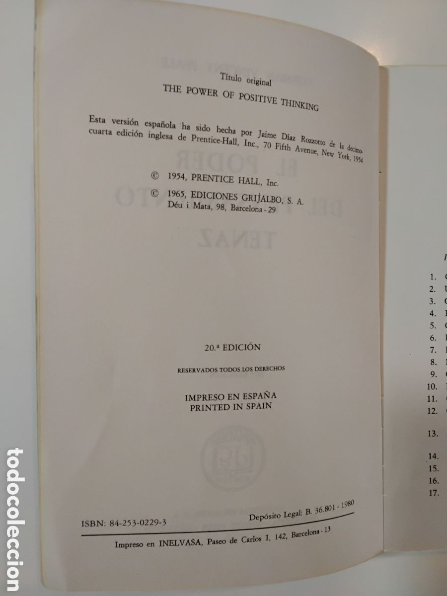 Libros de segunda mano: Norman Vincent Peale &ndash; El poder del pensamiento tenaz &ndash; Grijalbo &ndash; 1981 - Foto 3