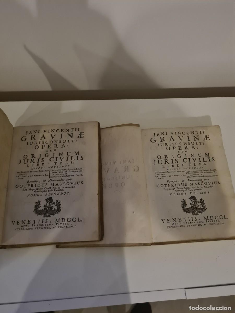 Libros de segunda mano: 2 Tomos pergamino 1750 GRAVINA originum juris civilis exlibris s XVIII