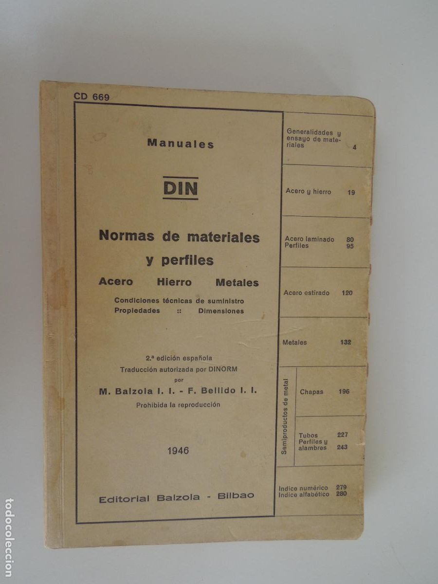 Libros de segunda mano: MANUALES DIN - NORMA DE MATERIALES Y PERFILES - ACERO -HIERRO -METALES - 1946 EDITORIAL BALZOLA