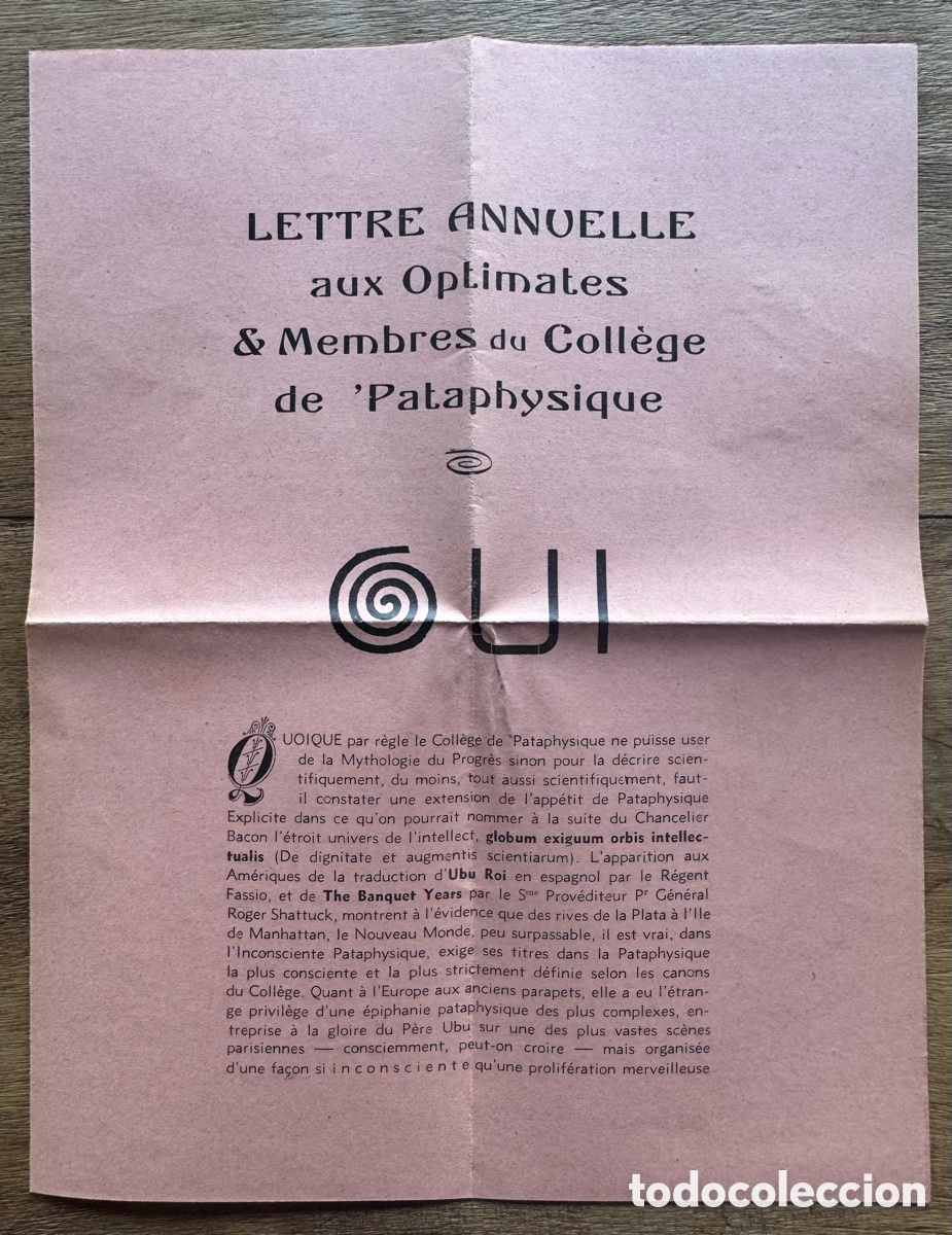 Libros de segunda mano: Lettre Annuelle aux Optimales & Membres du Coll&egrave;ge e 'Pataphysique. 1958. Firma manuscrita