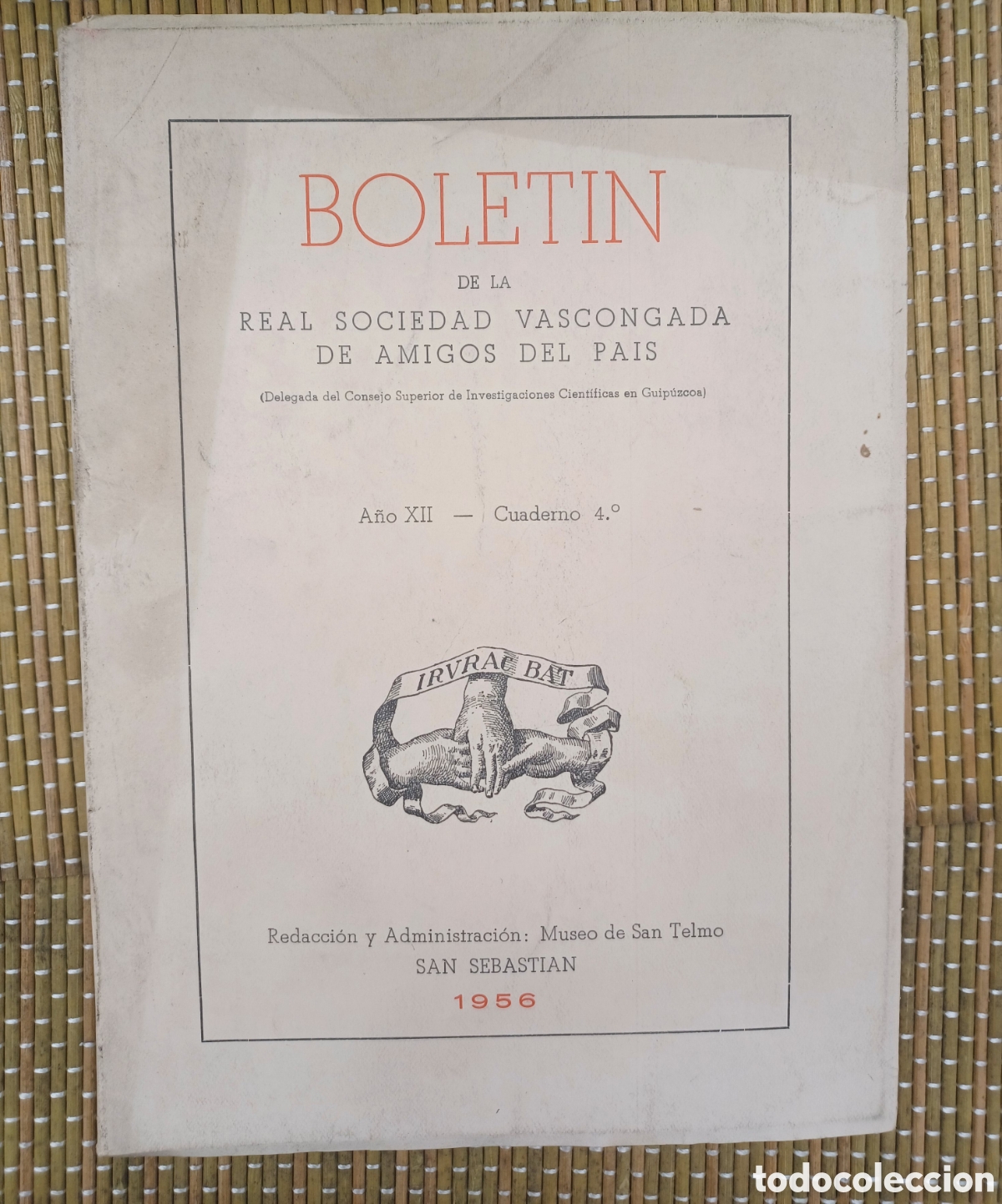 Libros de segunda mano: BOLET&Iacute;N DE LA REAL SOCIEDAD VASCONGADA DE AMIGOS DEL PAIS. A&ntilde;o XII - Cuaderno 4&ordm;