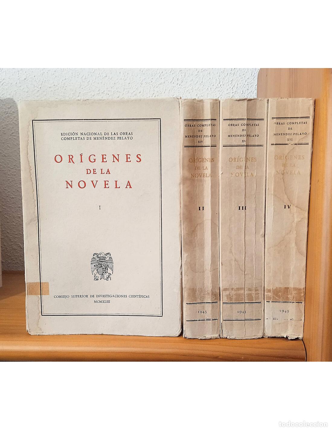 Livres d'occasion: OR&Iacute;GENES DE LA NOVELA. 4 TOMOS. MEN&Eacute;NDEZ PELAYO, Marcelino. Ediciones del Consejo Superior de Invest