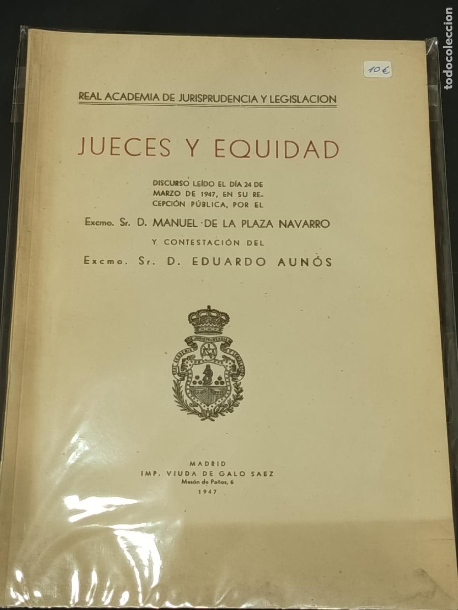 Libros de segunda mano: 1947 - MANUEL DE LA PLAZA NAVARRO. Jueces y equidad