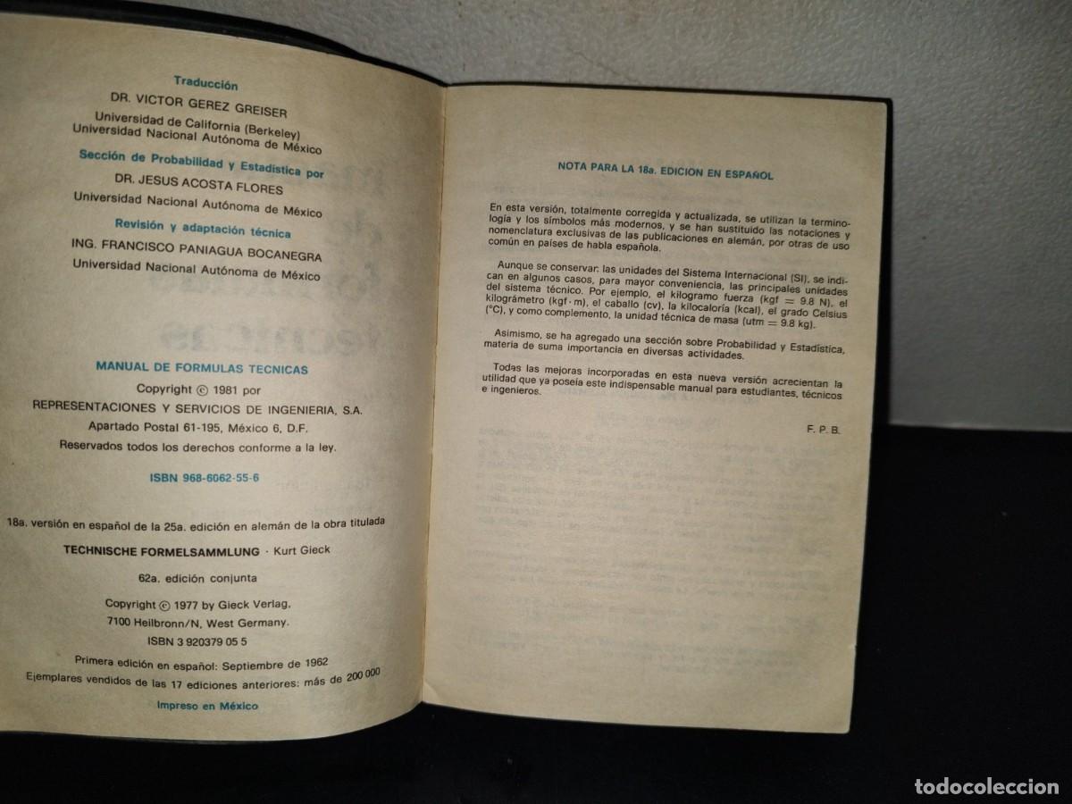 Libros de segunda mano: 202- Manual De F&oacute;rmulas T&eacute;cnicas - Kurt Gieck. Ediciones Alfaomega, 1981 - Foto 5