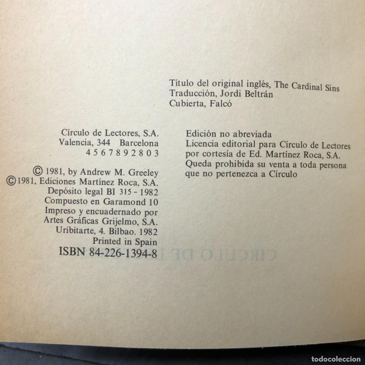Libros de segunda mano: LOS PECADOS CARDINALES - ANDREW M. GREELEY - C&Iacute;RCULO DE LECTORES / 4 - Foto 4