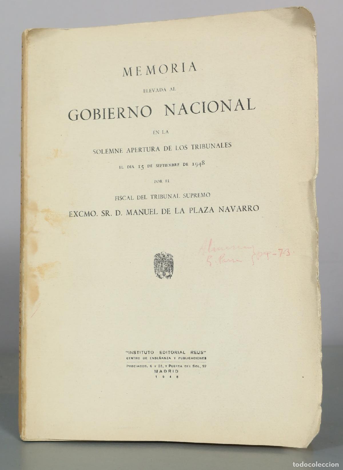 Libros de segunda mano: Memoria elevada al Gobierno Nacional en la solemne apertura de los tribunales - Manuel de la Plaza