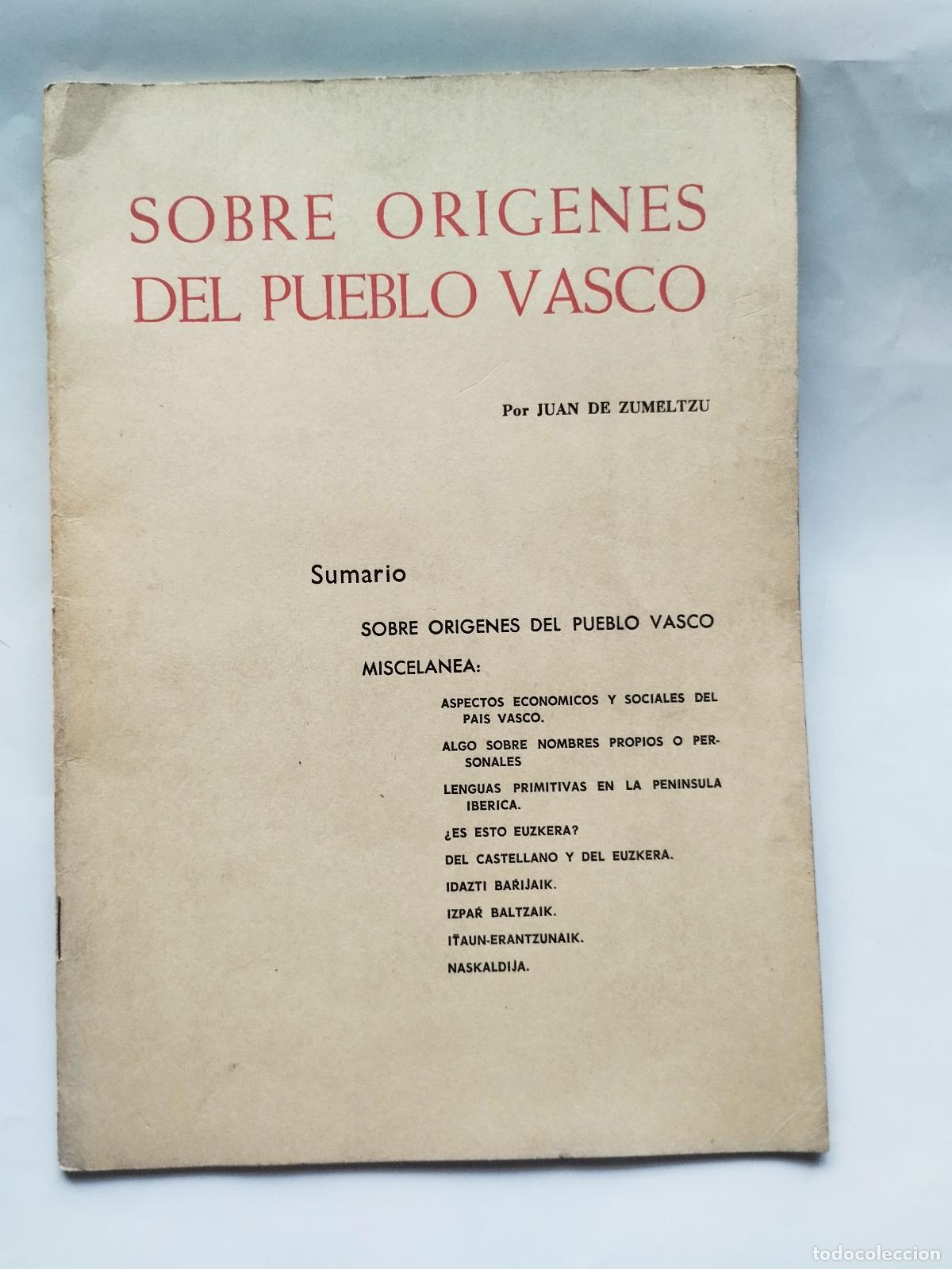 Libros de segunda mano: SOBRE ORIGENES DEL PUEBLO VASCO - JUAN DE ZUMELTZU - Juan de Zumeltzu