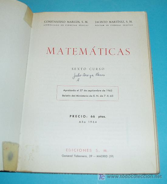 Libros de segunda mano: MATEM&Aacute;TICAS (SEXTO CURSO). CONSTANTINO MARCOS Y JACINTO MART&Iacute;NEZ - Foto 1