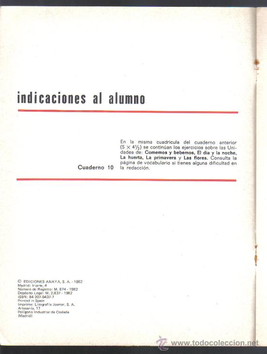 Libros de segunda mano: CUADERNO - CUADR&Iacute;CULA 10 (SIN USAR) - EDICIONES ANAYA, 1982. - Foto 2