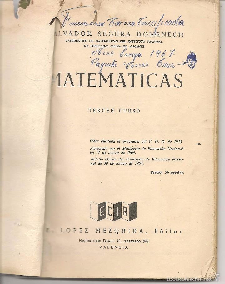 Libros de segunda mano: MATEM&Aacute;TICAS. 3. S. SEGURA.  ECIR. (Z32) - Foto 3