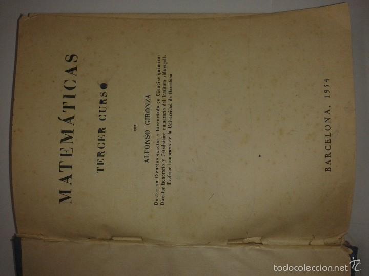 Libros de segunda mano: MATEM&Aacute;TICAS TERCER CURSO 1954  ALFONSO GIRONZA - Foto 2