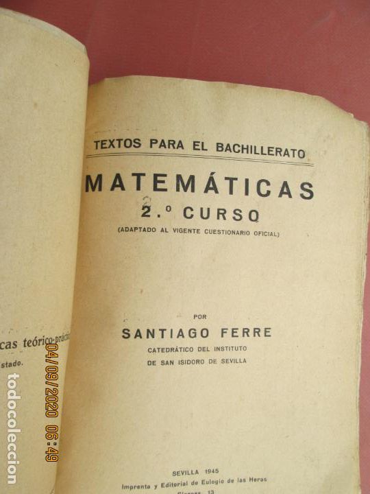 Libros de segunda mano: MATEMATICAS , 2&ordm; CURSO , SANTIAGO FERRE 1945 - Foto 2