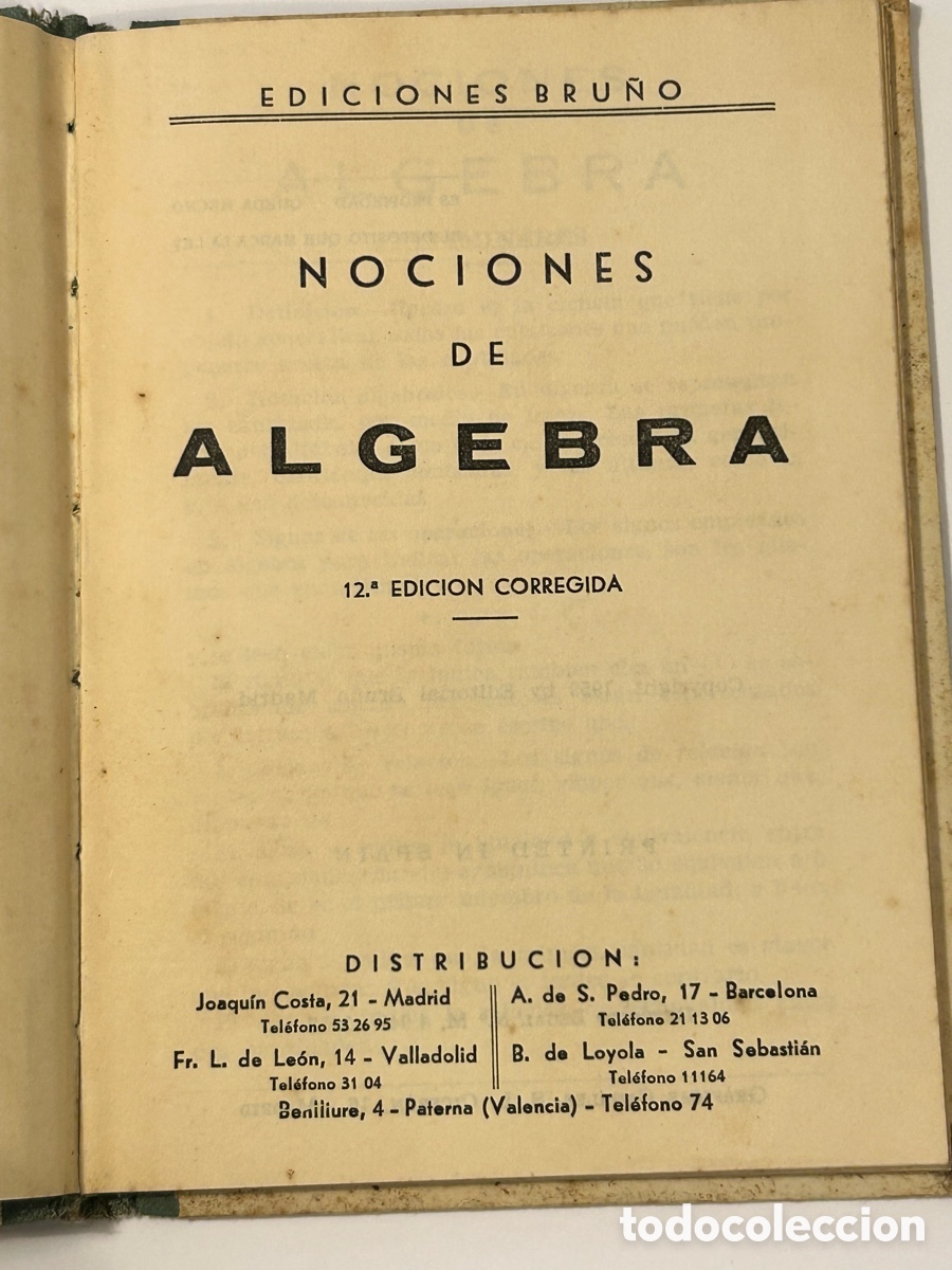 Libros de segunda mano: NOCIONES DE &Aacute;LGEBRA. DUOD&Eacute;CIMA EDICI&Oacute;N CORREGIDA. EDITORIAL BRU&Ntilde;O - Foto 2