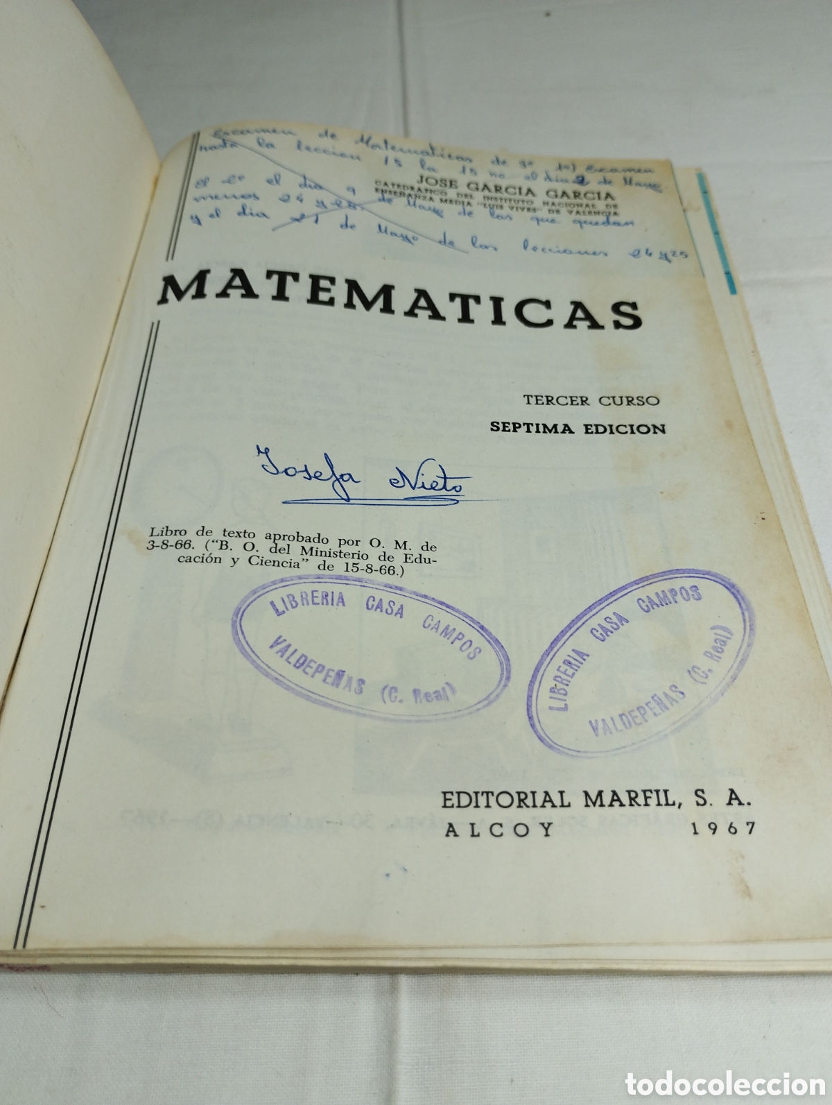 Libros de segunda mano: Matem&aacute;ticas 3&deg; curso. Jos&eacute; Garc&iacute;a, 1967 - Foto 2