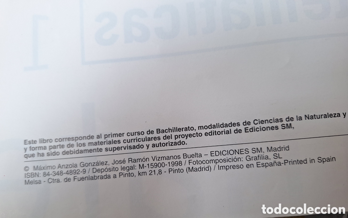 Libros de segunda mano: Matem&aacute;ticas Bachillerato 1 SM 1998 - Foto 3