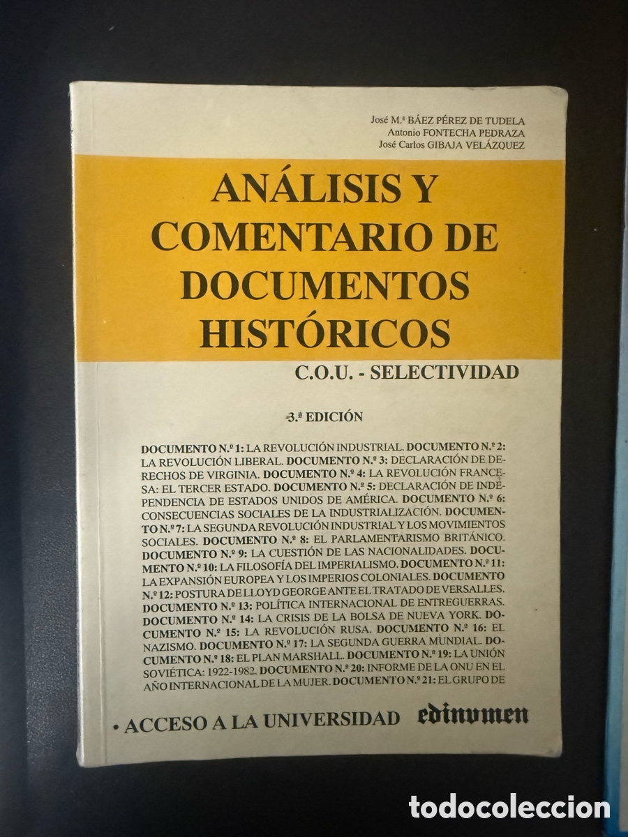 Libros de segunda mano: An&aacute;lisis y Comentarios de Documentos Hist&oacute;ricos. COU Selectividad - Foto 1