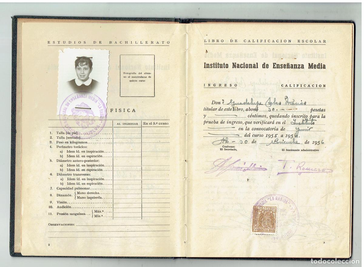 Gebrauchte B&uuml;cher: LIBRO ESCOLAR. M&ordm; DE EDUCACI&Oacute;N NACIONAL. ESTUDIOS DE BACHILLERATO.TRIGUEROS(HUELVA) 1956. (C/A38)