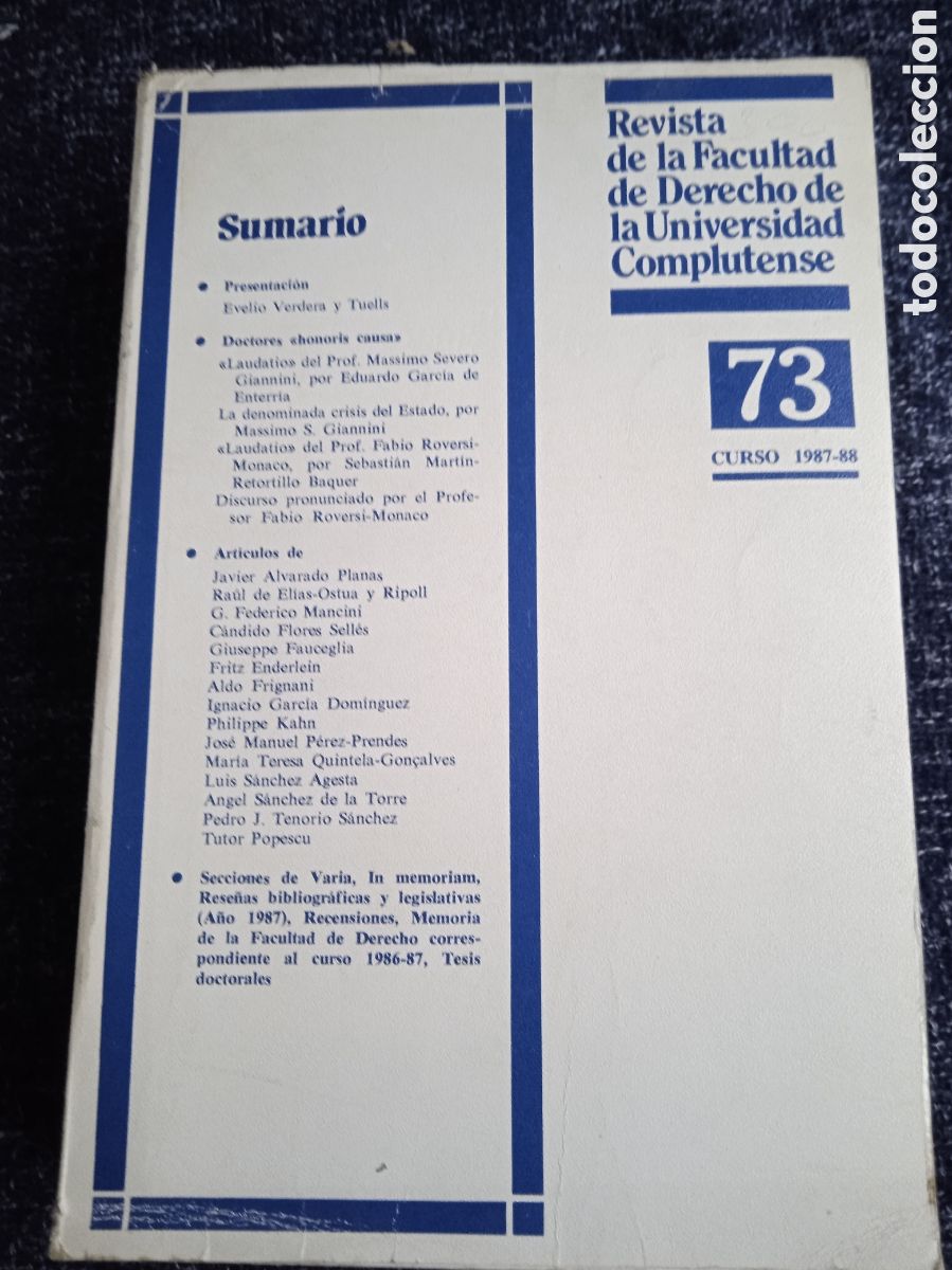 Libros de segunda mano: REVISTA DE LA FACULTAD DE DERECHO DE LA UNIVERSIDAD COMPLUTENSE. N&deg; 73 -CURSO 1987 - 1988