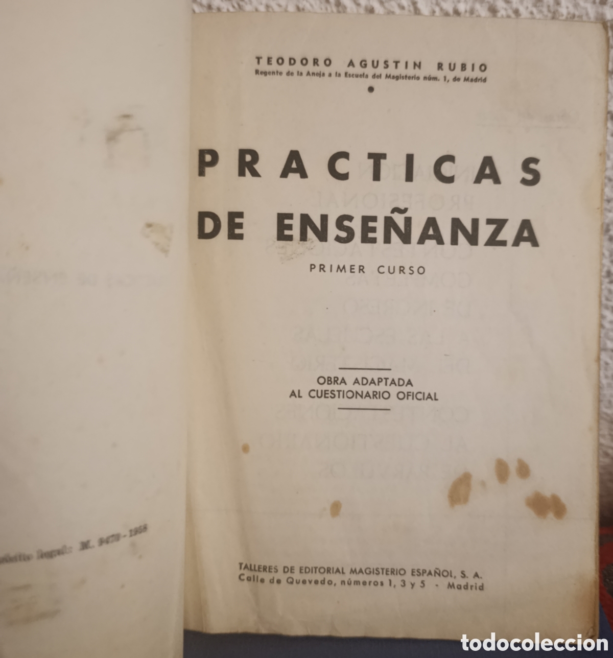 Libros de segunda mano: Libro Pr&aacute;cticas de Ense&ntilde;anza (1&ordm; Curso) - Teodoro Agust&iacute;n Rubio - Magisterio 1958 (Reencuadernado)