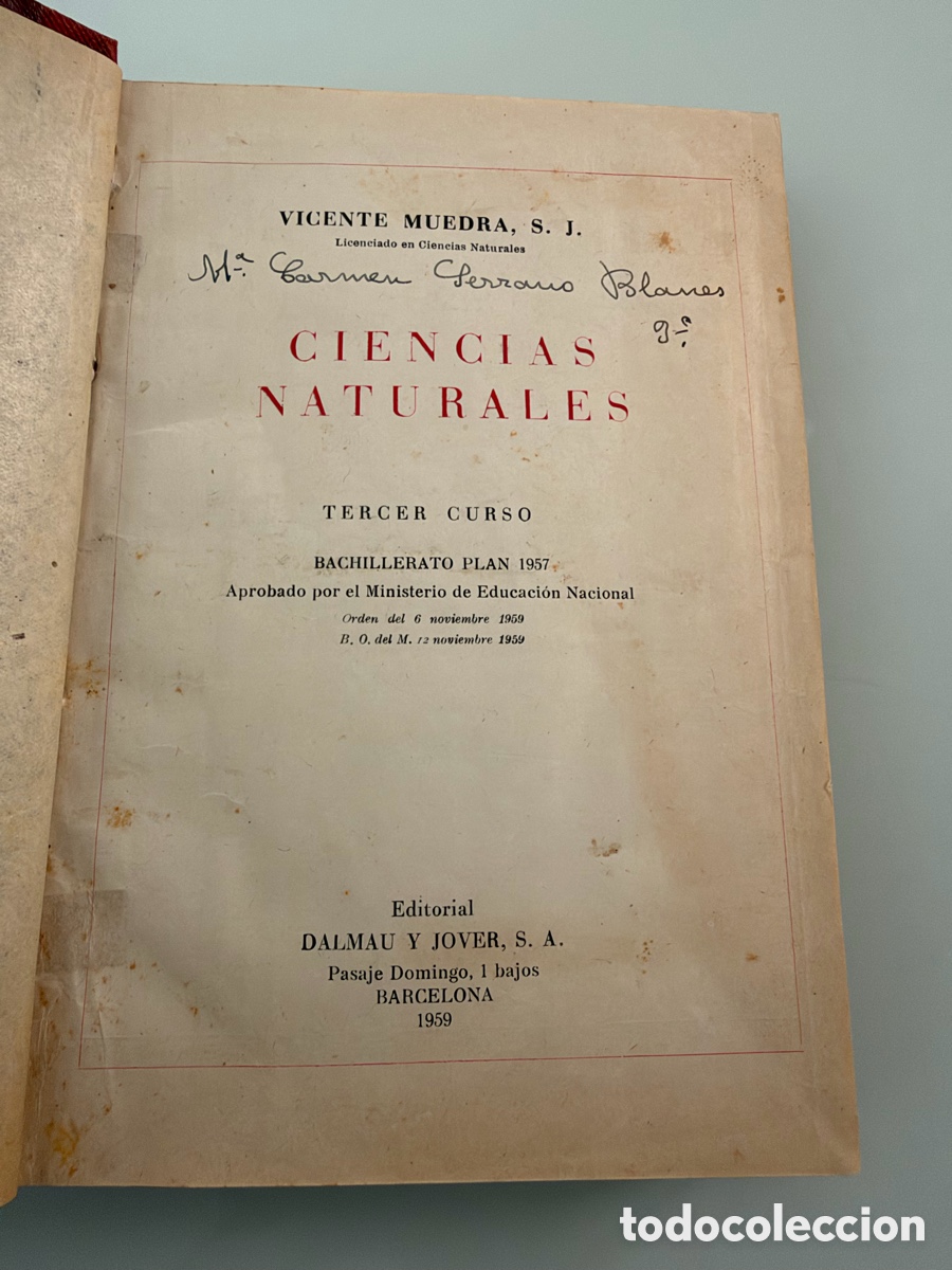 Libros de segunda mano: Libro de texto Ciencias Naturales. Tercer curso Bachillerato Plan 1957. Vicente Muedra. 1959