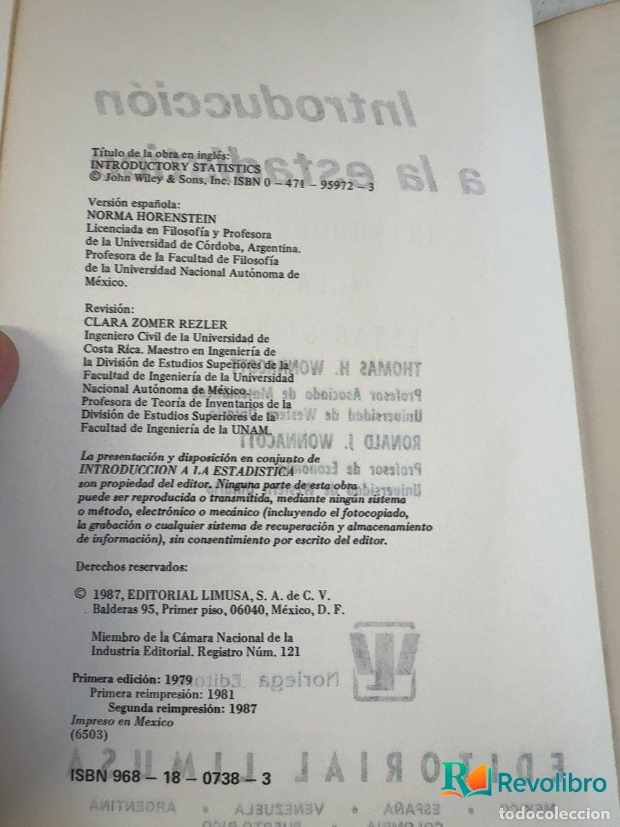Libros de segunda mano: Introducci&oacute;n a la estad&iacute;stica - Thomas H. Wonnacott, Ronald J. Wonnacott - Foto 3