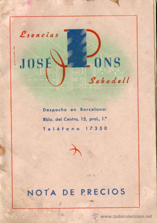 Libros: Nota de precios de esencias Jose Pons, Sabadell. - Foto 1