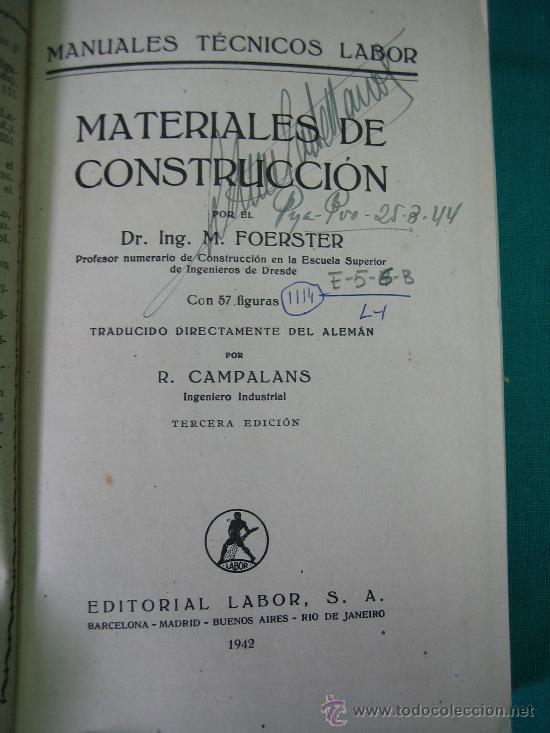 Libros: Materiales de construccion por M.Foerster 1942 - Foto 2
