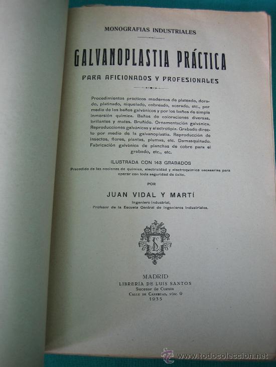 Libros: Galvanoplastica Practica por Juan Vidal y Mart&iacute; 1935 - Foto 2