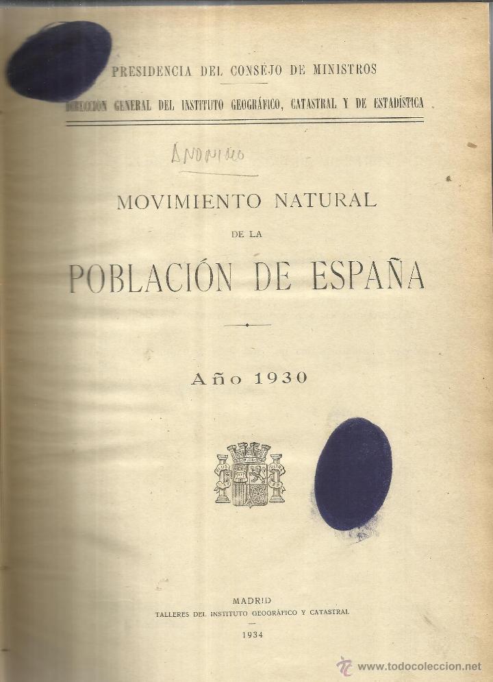 Libros: MOVIMIENTO NATURAL DE LA POBLACI&Oacute;N ESPA&Ntilde;OLA. PRESINDENCIA DEL CONSEJO DE MINISTROS. MADRID. 1934