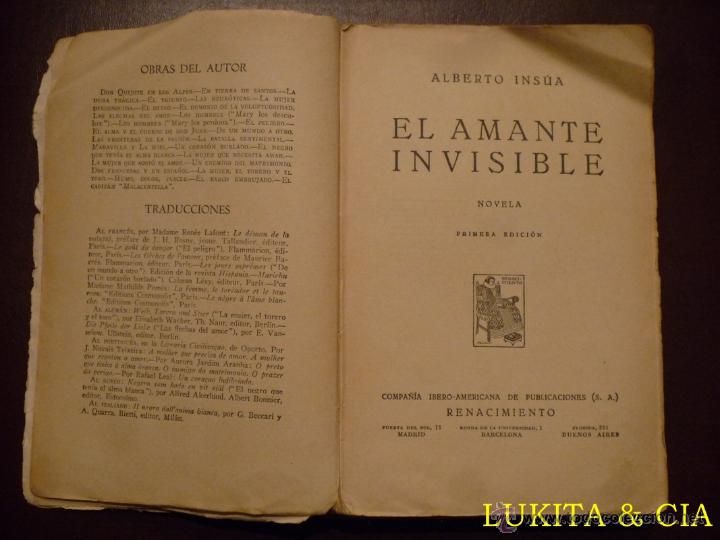 Libros: EL AMANTE INVISIBLE. ALBERTO INS&Uacute;A. 1930. - Foto 3