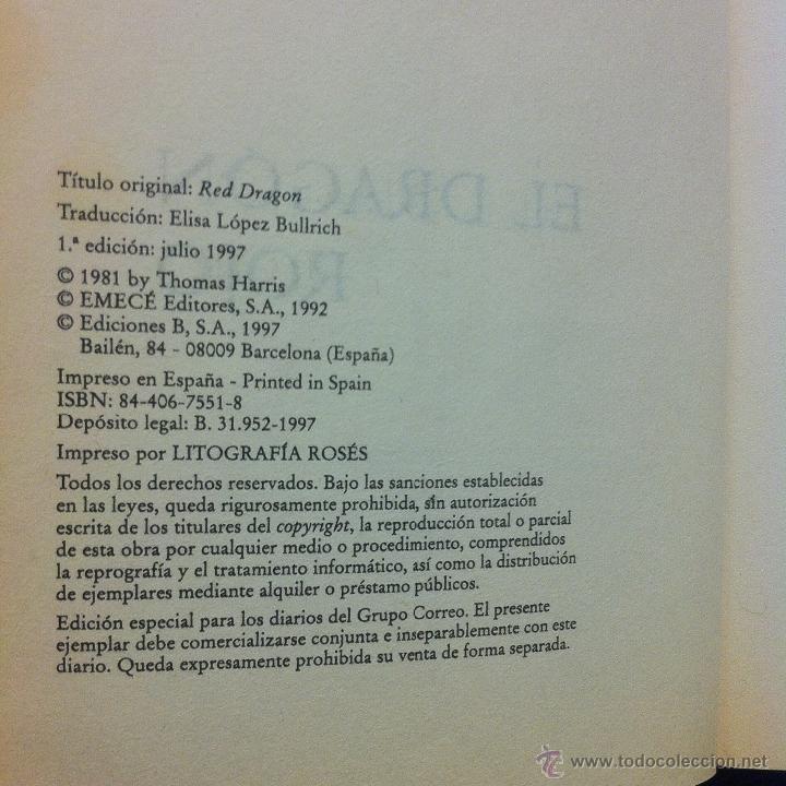 Libros: EL DRAG&Oacute;N ROJO - THOMAS HARRIS 1997. - Foto 3