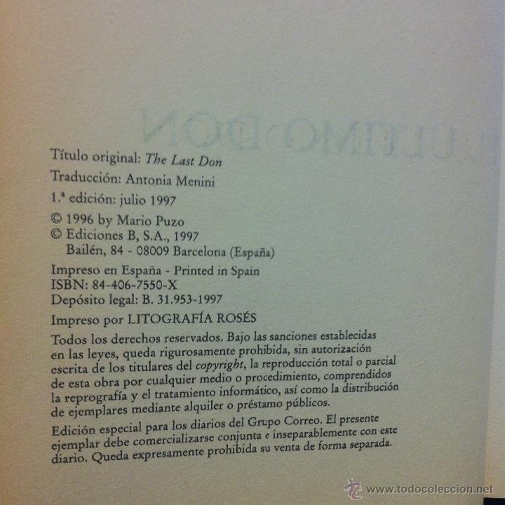 Libros: EL &Uacute;LTIMO DON - MARIO PUZO - EDICIONES B - 1997. - Foto 3