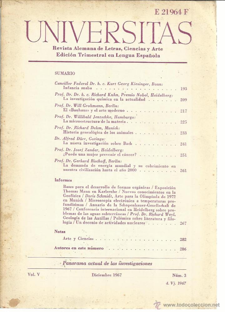 Libros: UNIVERSITAS. REVISTA ALEMANA DE LETRAS, CIENCIAS Y ARTE. TUBINGA. ALEMANIA. 1967