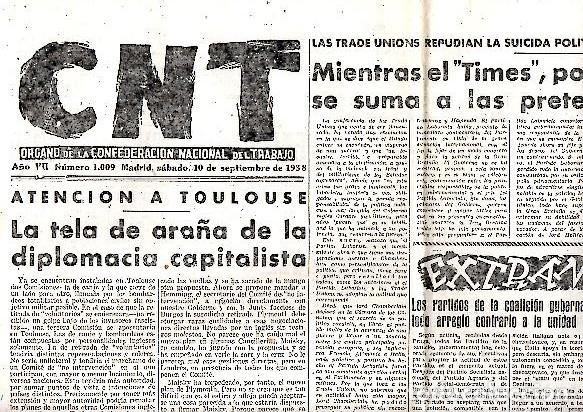 Libri di seconda mano: CNT. ORGANO DE LA CONFEDERACION NACIONAL DEL TRABAJO. A&Ntilde;O VII. N. 1009. 10-SEPTIEMBRE-1938. - PERIOD