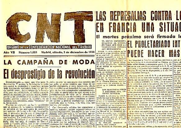 Libros: CNT. ORGANO DE LA CONFEDERACION NACIONAL DEL TRABAJO. A&Ntilde;O VII. N. 1083. 3-DICIEMBRE-1938. - PERIODIC